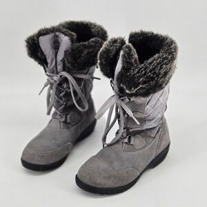 Lands' End Grey Suede Quilted Faux Fur Winter Snow Boots Comfort Shoes 6 VGUC